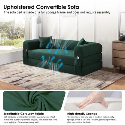 80" Convertible Sofa Bed, 3-in-1 Corduroy Folding Pull Out Couch with Pillows, No Assembly Modern Boneless Couch Compression Sofa in Box, Floor Sofa with Side Storage Pocket for Living Room,Dark Green
