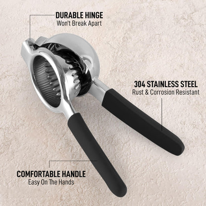 Zulay Lemon Squeezer Stainless Steel with Premium Heavy Duty Solid Metal Squeezer Bowl (Black Grip, Large)