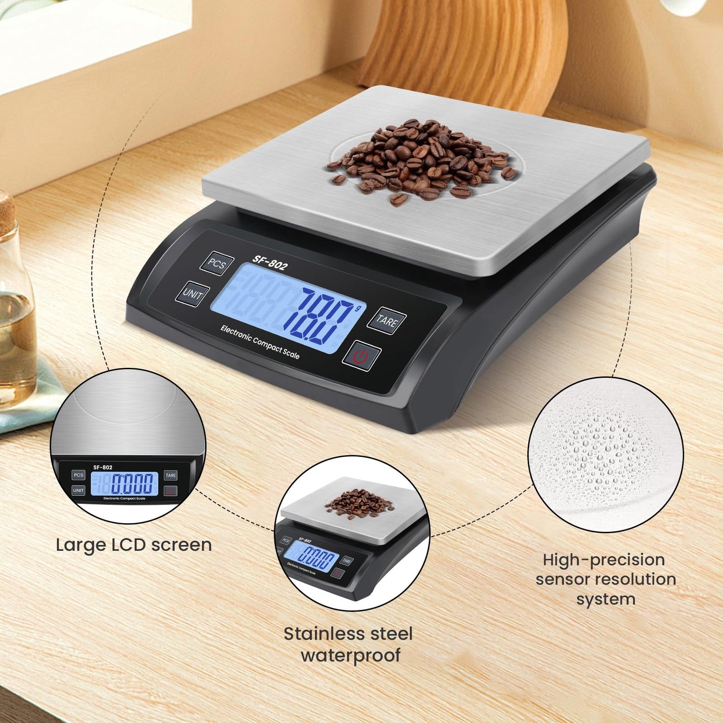 Puozult Digital Kitchen Scale 30kg/66lb Large Food Scale for Baking Cooking Stainless Bread Scale with LCD Display Counting Scales for Commercial (Color : Stainless Black)