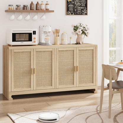 GarveeHome 60 in Farmhouse Rattan Buffet Cabinet - 4-Door Woven Storage Sideboard with Adjustable Shelves, Kitchen Console Table for Dining Room & Living Room Entryway (Oak Brown)
