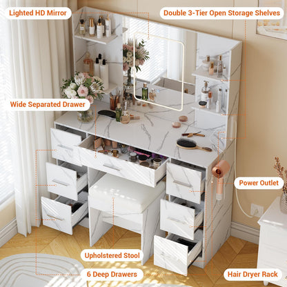 7-Drawer White Vanity Desk with Lighted Mirror & Dimmable LED Lights,Makeup Vanity Set with Power Outlets & USB Ports, 3 Color Lighting Modes, Cushioned Stool & Hair Dryer Holder, Dressing Table for