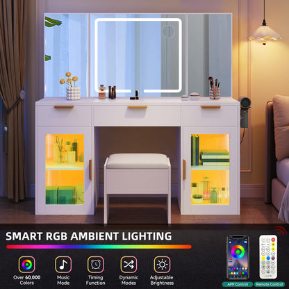 YITAHOME 56" LED Vanity Desk with Tri-Fold Mirror & Lights, RGB Glass Storage, 3 Drawers