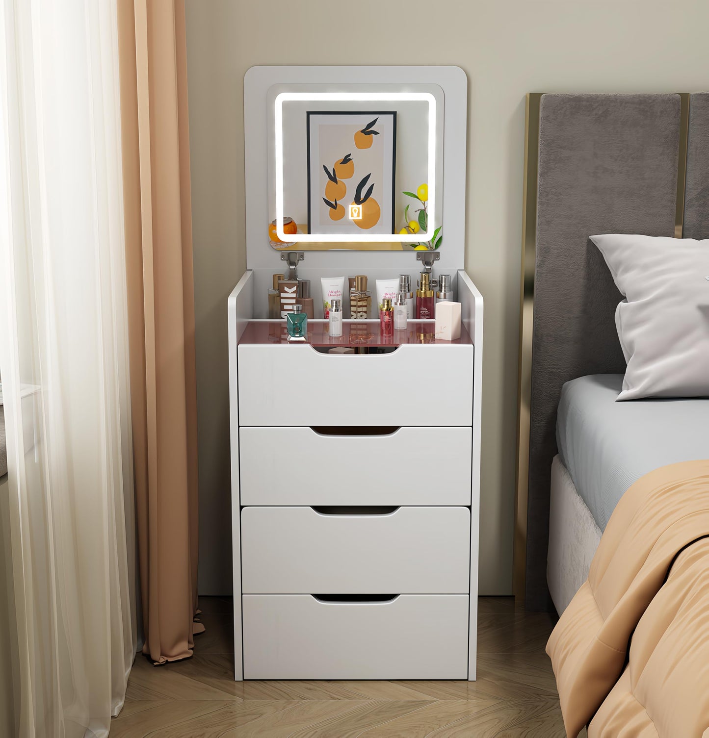 KEIKI Vanity Desk with Plip Top Mirror, 3 in 1 Make Up Vanity Set with 3 Drawers, Dressing Table with Stool for Bedroom, White