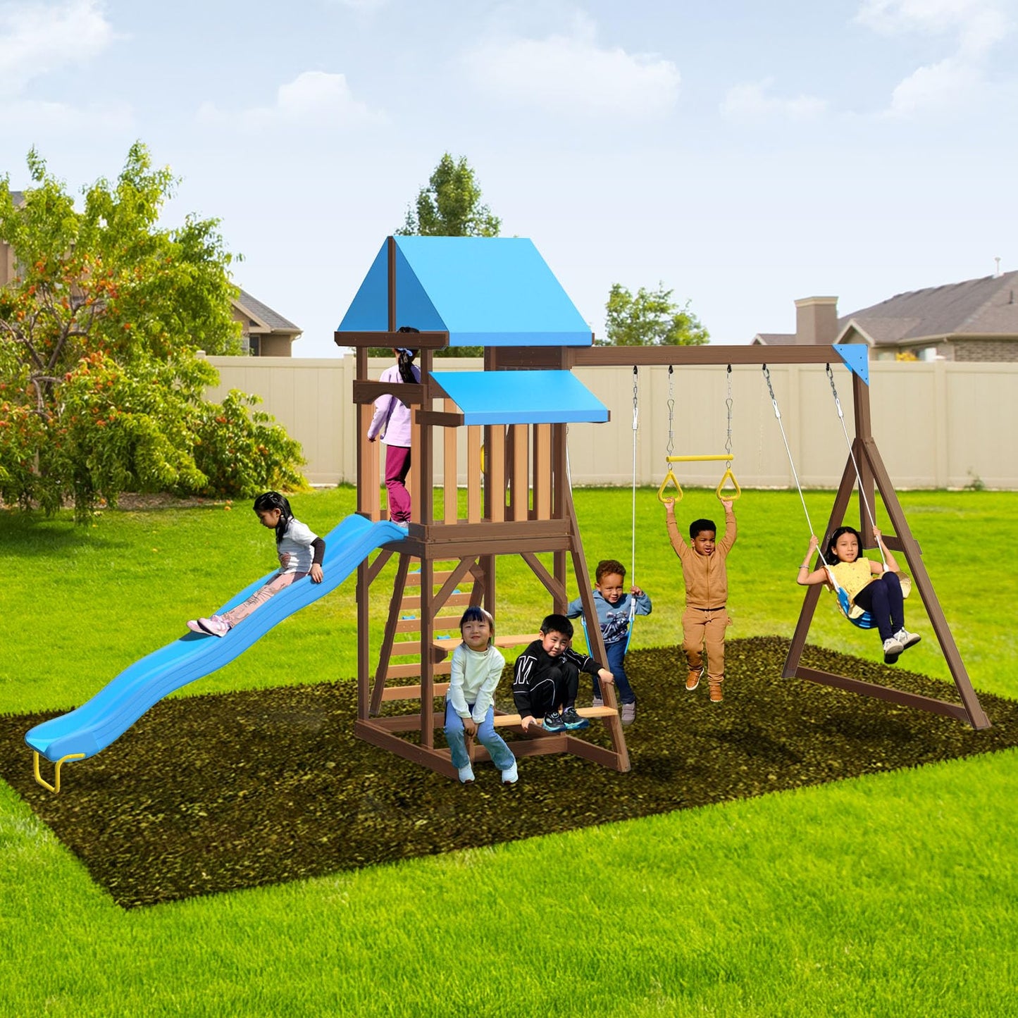 Sportspower Rosemont Cedar Wooden Swing Set with 8' Slide, 2 Adjustable Swings, Trapeze, Play Fort with Rock Climber, Sandbox, Picnic Table, Chalk Tarp & Anchor Kit, Outdoor Playset for Kids Ages 3–8