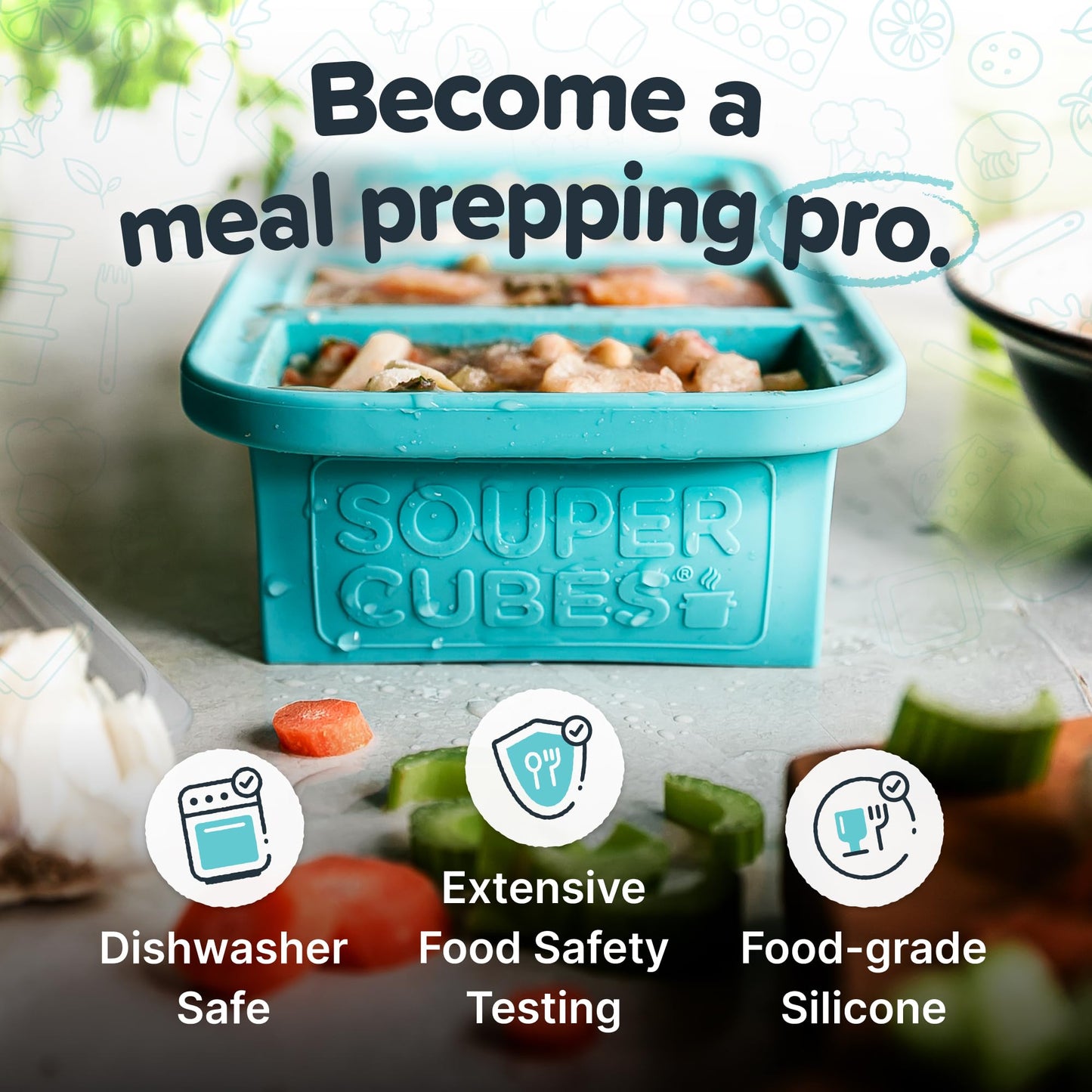 Souper Cubes 1 Cup Silicone Freezer Molds with Lids - Soup Cubes with Steel Reinforced Rim - Perfect for Freezing Broth, Rice, Individual Portions, Meal Prepping and More - Aqua - 2-Pack
