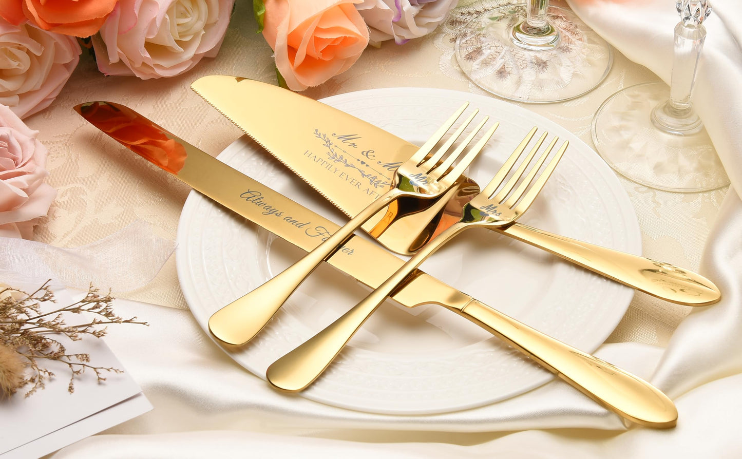 BEKESIN Wedding Cake Cutting Set with Forks, Classical Style Crystal Champagne Flutes Toasting Glasses for Bride and Groom, Wedding Gifts for Couples, Engagement and Bridal Shower Gifts
