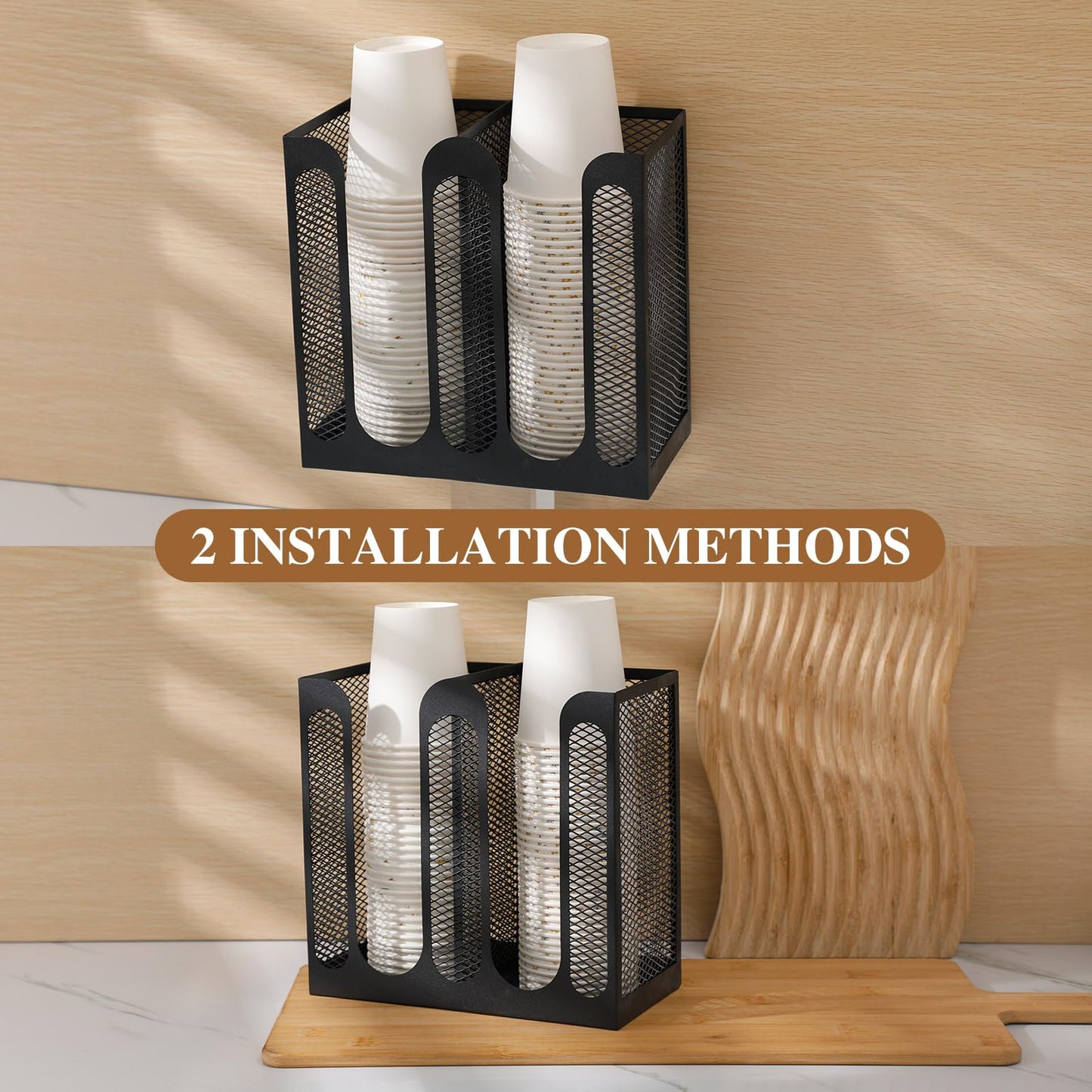 Maxcheck Metal Mesh Cup and Lid Holder Coffee Paper Cup Dispenser Lid Holder Storage Organizer Countertop or Wall Mount for Coffee Bar, Kitchen, Breakroom(2 Compartments,8.2 x 4.1 x 7.9 Inch)