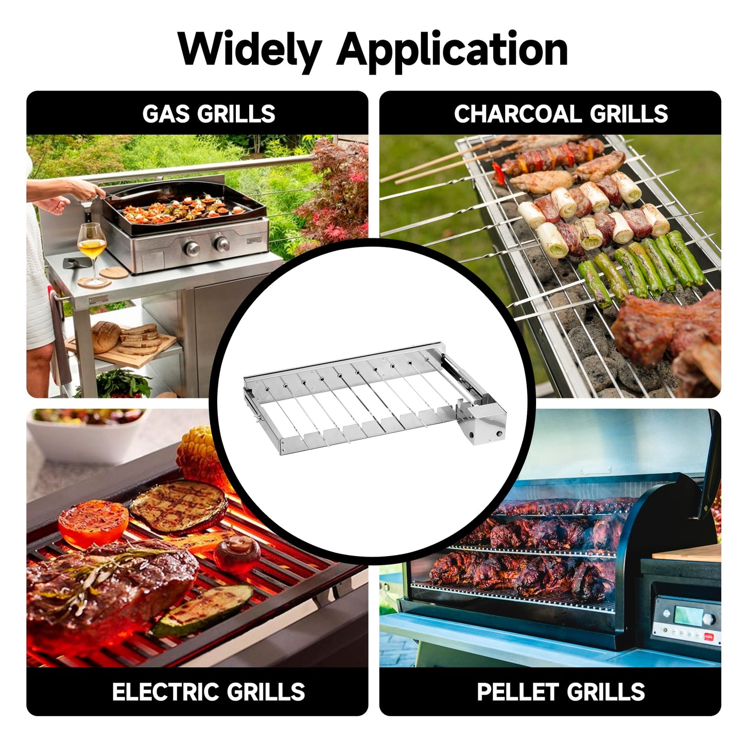 WILLBBQ Electric Rotisserie Grill Kit with Auto Rotating Skewer Turner, 20 Stainless Steel Skewers, Adjustable Width up to 11.8" for Charcoal BBQ, Kabobs, Chicken, Meat(20" L x 7" W)