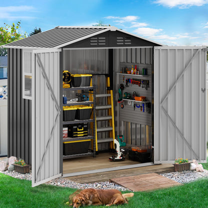 DWVO 6x4ft Large Tool Storage Shed with Window, Lockable Doors, and Sloped Roof, Oversized Steel Outdoor Storage Shed for Garden, Patio, Garage, Backyard, Lawn - Gray White