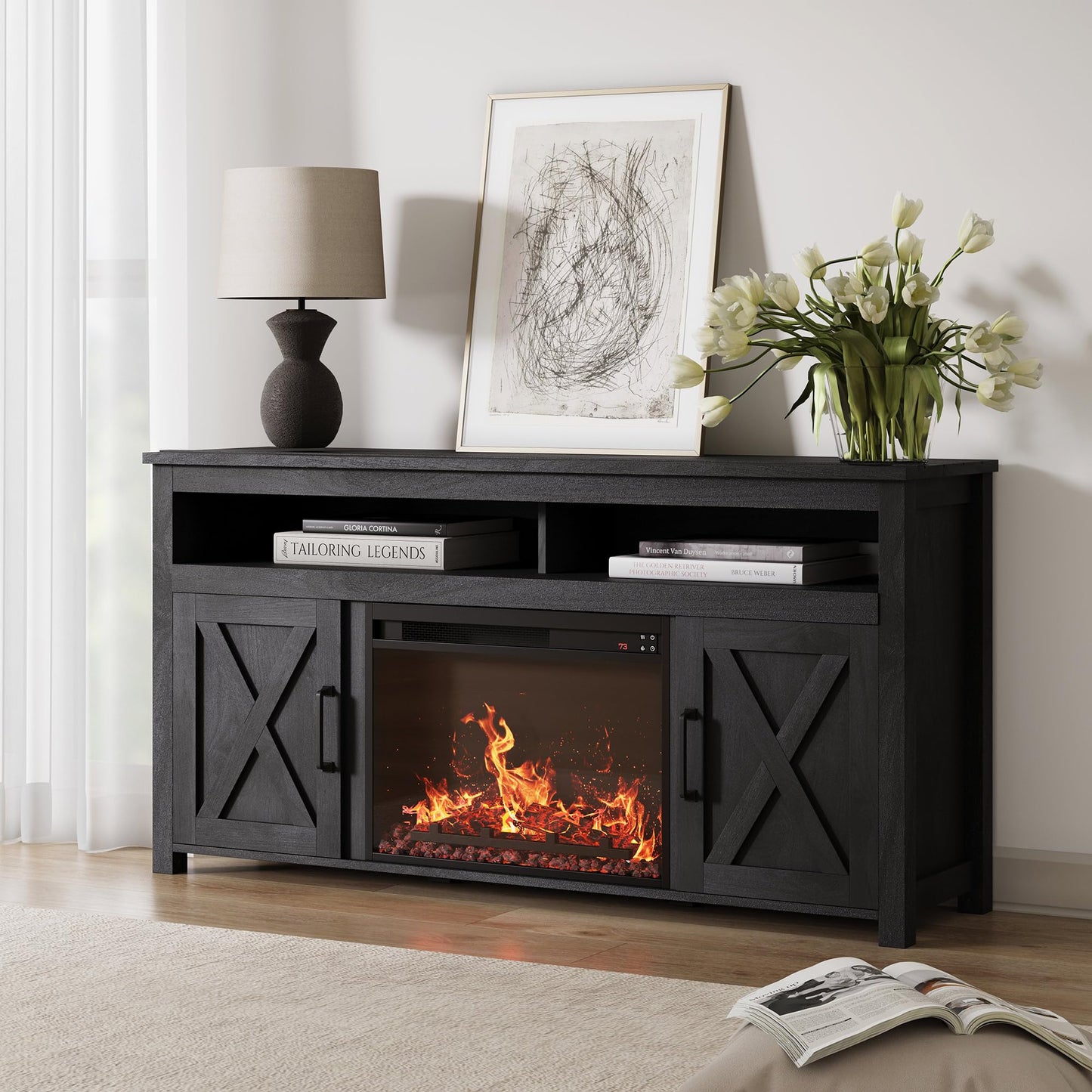 BELLEZE 58" Farmhouse Fireplace TV Stand for TVs up to 65", 23" Electric Fireplace Heater with Sound, Entertainment Center Media Console Table Barn Door Storage Cabinets for Living Room - Rustic Grey