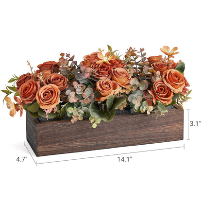 Dahey Centerpiece Table Decorations for Dining Room Farmhouse Living Room Fall Table Centerpieces Decor Wood Tray with 3 Artificial Flowers and 2 Eucalyptus for Kitchen Table, Orange