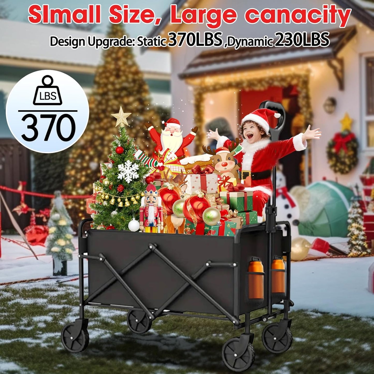370lbs Collapsible Wagon with Wheels, Weight Capacity Foldable Beach Wagon with Flexible Handle Portable Utility Wagon