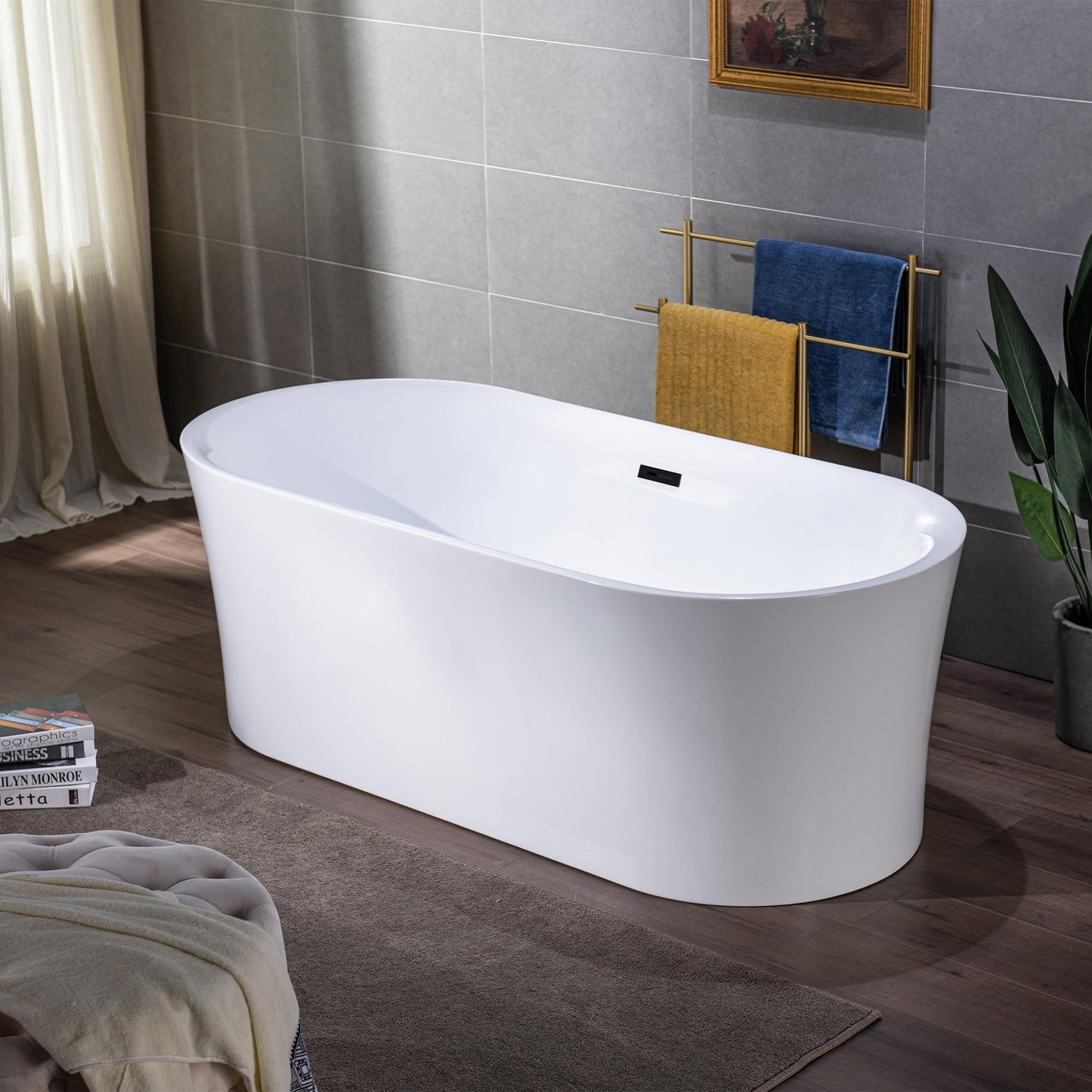 WOODBRIDGE 59" Acrylic Freestanding Bathtub Contemporary Soaking Tub with Matte Black Overflow and Drain,White Tub,B0058-MB
