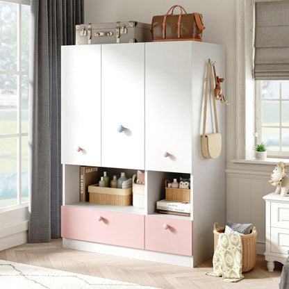 White Armoire Wardrobe Closet with Hanging Rod - Freestanding 3-Door Wooden Wardrobe Cabinet Closet for Bedroom & Dorm, Bedroom Armoires, Features Adjustable Shelves and Drawers for Toys & Clothes