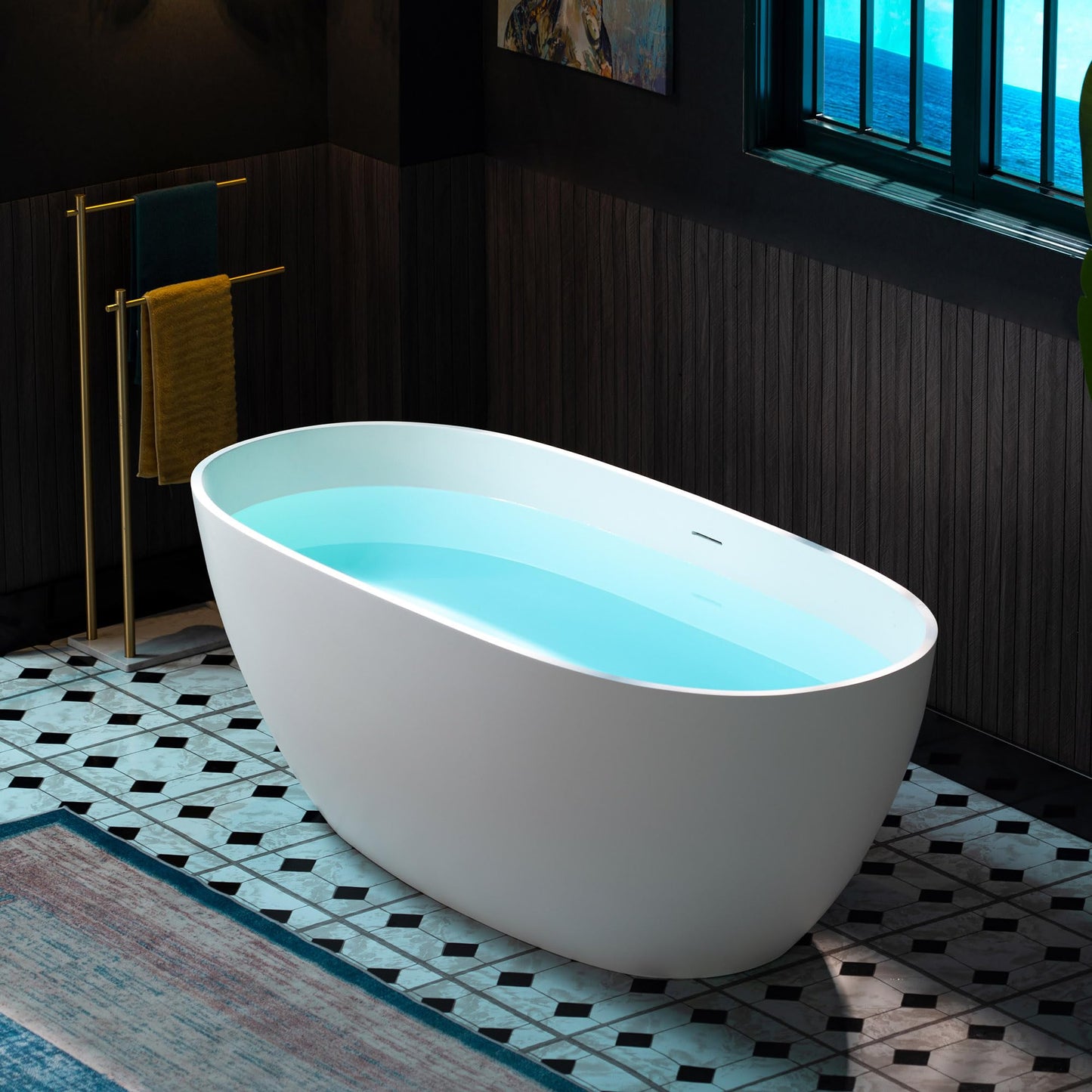 WOODBRIDGE 63" L x 28.35" W Stone Resin Luxury Contemporary Solid Surface Freestanding Soaking Tub in Matte White