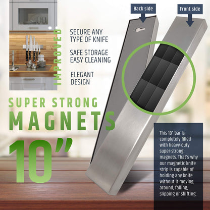 HMmagnets Premium 10 Inch Stainless Steel Magnetic Knife Holder For Wall - Professional Magnetic Knife Strip - Space-Saving Knife Rack/Knife Bar With Powerful Magnetic Pull Force (Upgraded Version)