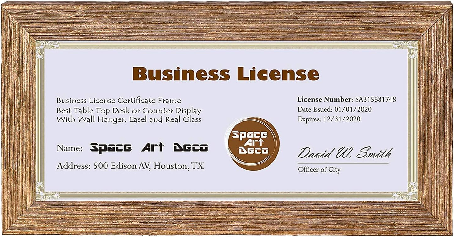 Space Art Deco, 4x9 Gold Textured Frame for Business License/Certificates, Tempered Glass, 1-Pack