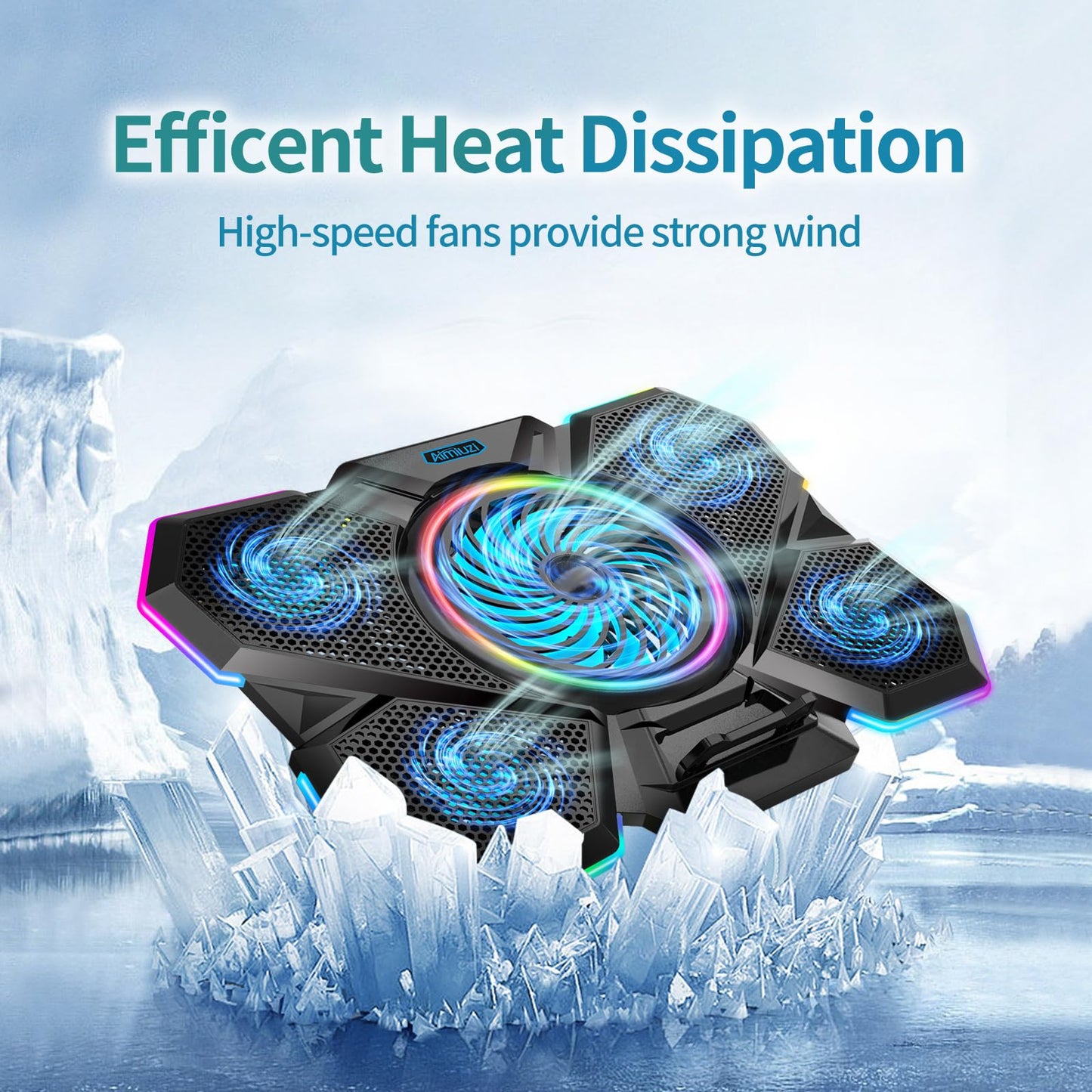 AIMIUZI Laptop Cooling Pad, Gaming Laptop Cooler with 5 Quiet Fans and LED Lights (One-Click Close), Laptop Fan Cooling Pad Fits 12-17 Inch Laptop, 7 Adjustable Height