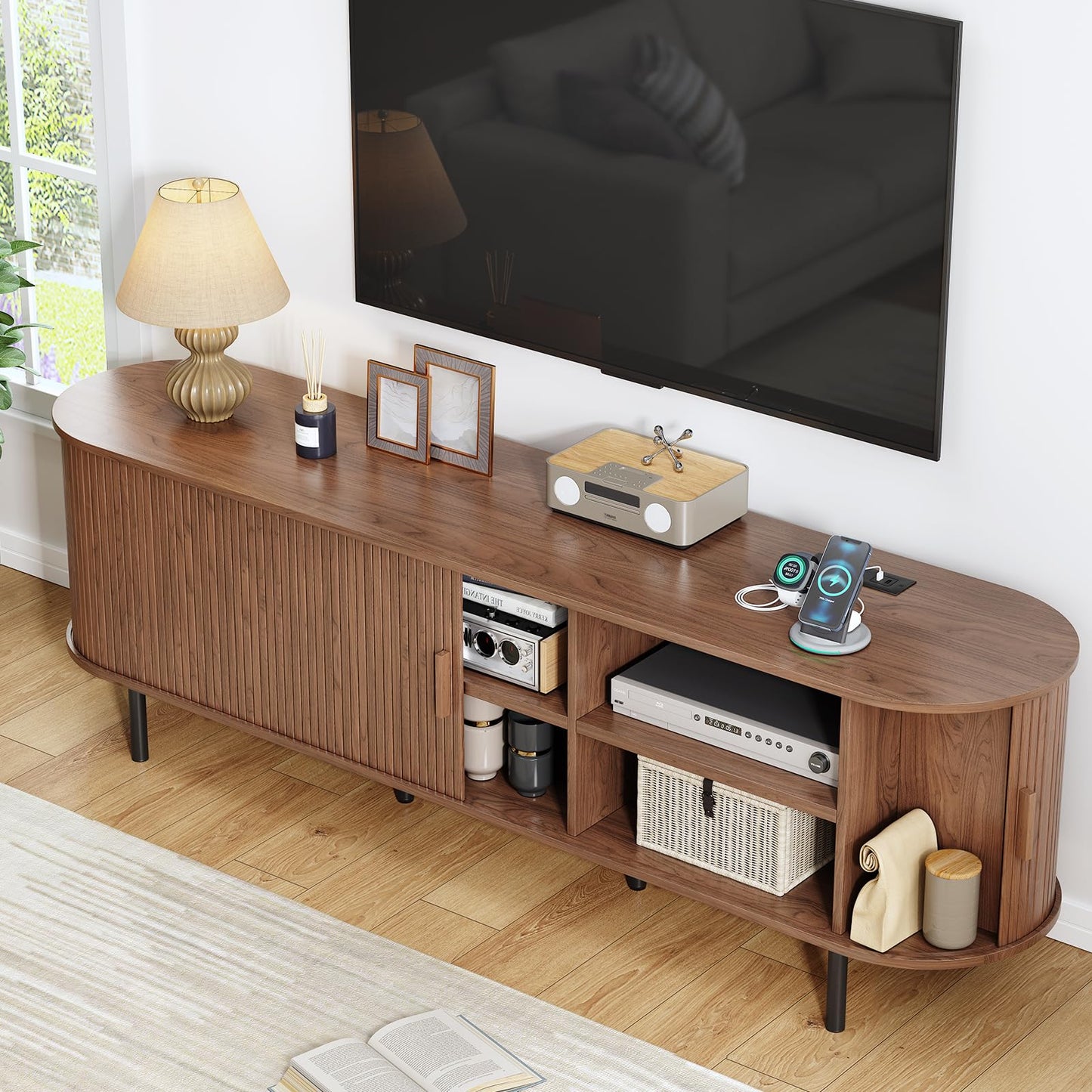 70.8" TV Stand with Power Outlet, Mid-Century Modern Television Stand, Fluted Media Console with Sliding Doors, Entertainment Center for TVs up to 60 Inch, Adjustable Shelves, Walnut