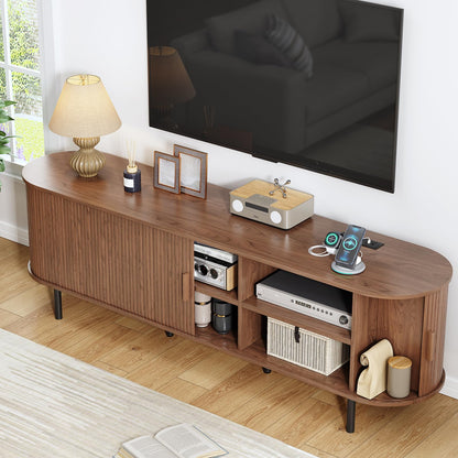 70.8" TV Stand with Power Outlet, Mid-Century Modern Television Stand, Fluted Media Console with Sliding Doors, Entertainment Center for TVs up to 60 Inch, Adjustable Shelves, Walnut