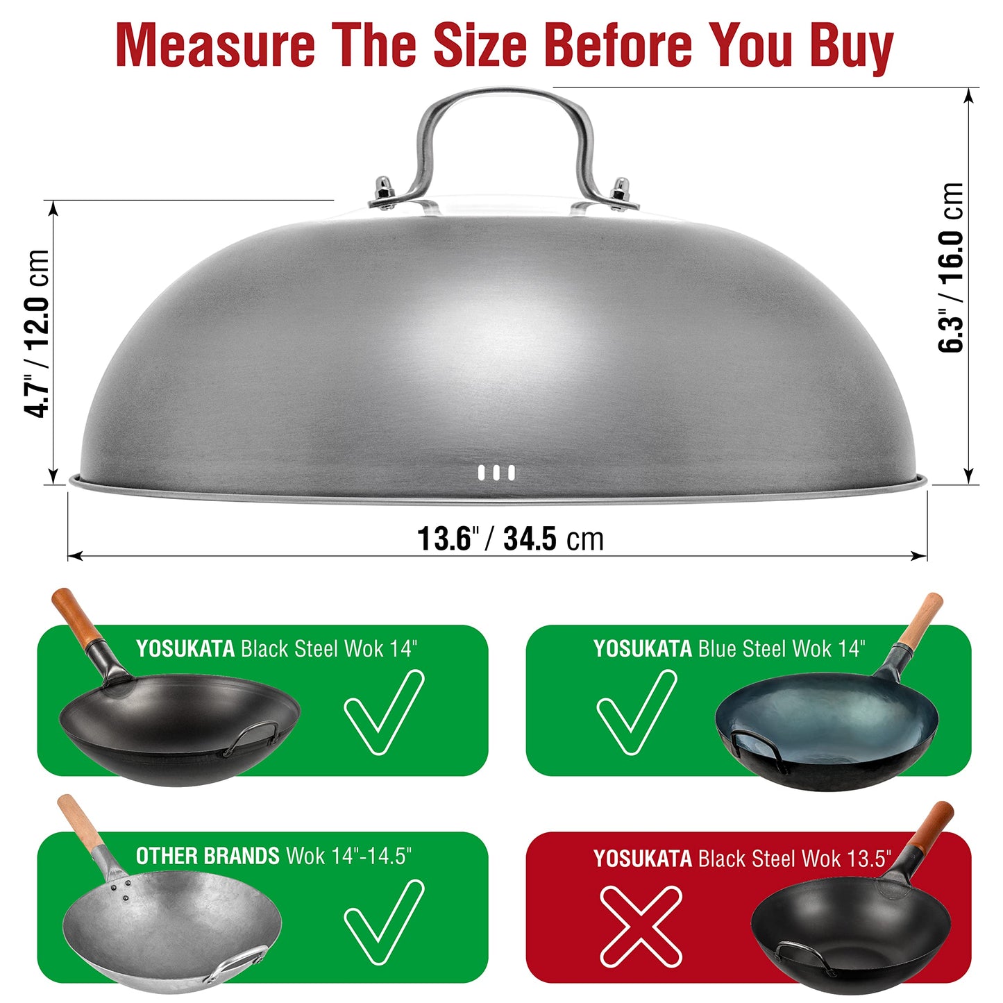 YOSUKATA Wok Lid 13.6 Inch - Premium Stainless Cover with Tempered Glass Insert Steam Holes - Dishwasher-Safe Lid for 14-Inch Wok - Chees Melting Dome for Griddle