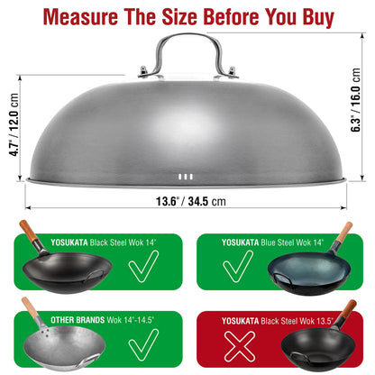 YOSUKATA Wok Lid 13.6 Inch - Premium Stainless Cover with Tempered Glass Insert Steam Holes - Dishwasher-Safe Lid for 14-Inch Wok - Chees Melting Dome for Griddle