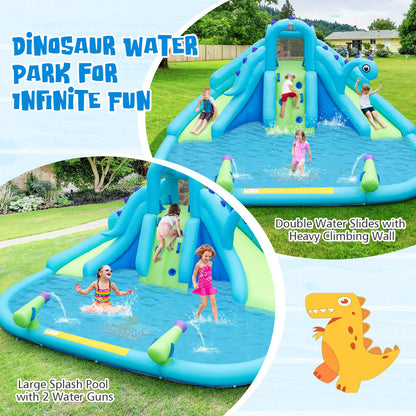 BOUNTECH Inflatable Water Slide Park with Dinosaur, Double Slides Water Park Bounce House w/Climbing Wall, Bouncy Castle with Blower for Outdoor Backyard, Blow up Water Slides Inflatables for Big Kids