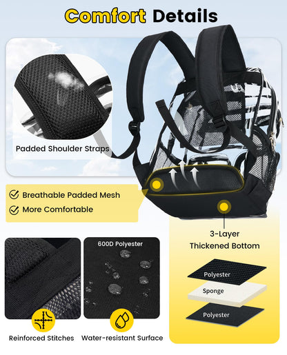 Vorspack Clear Backpack for School - Heavy Duty See Through Bookbag for Girls Boys Large Transparent Backpacks for Work, Travel, Festival - Black