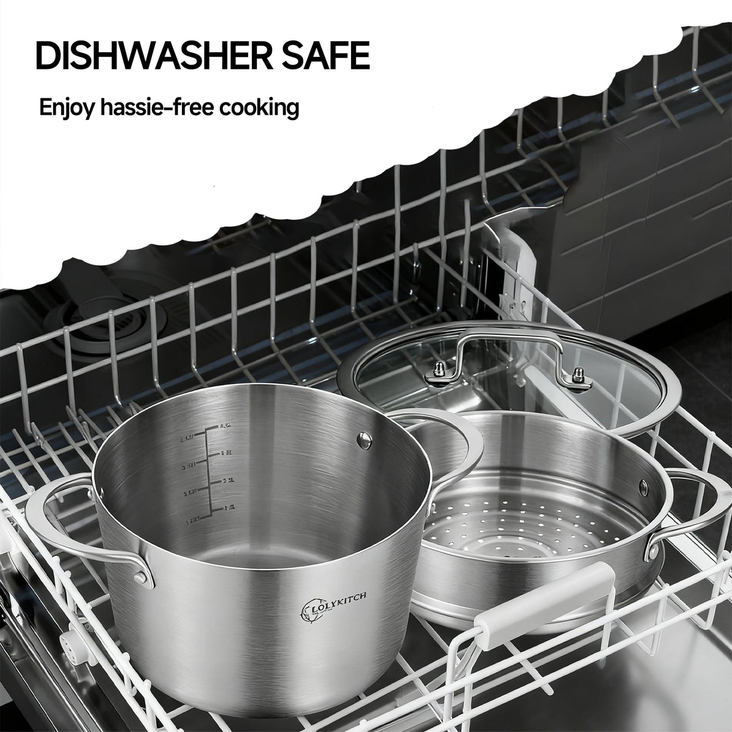 LOLYKITCH 5 Quart Stainless Steel Steamer Pot with Glass Lid, 3-Ply Steaming Pot for Cooking, 2 Tier Induction Steamer Pot for Tamales Seafood Vegetables Dumplings Stock Pot, Thick