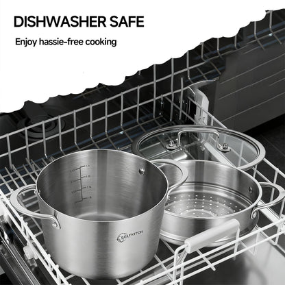 LOLYKITCH 5 Quart Stainless Steel Steamer Pot with Glass Lid, 3-Ply Steaming Pot for Cooking, 2 Tier Induction Steamer Pot for Tamales Seafood Vegetables Dumplings Stock Pot, Thick
