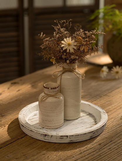 Hanobe Candle Plate Holder Tray: Round White Wood Decorative Tray Decor - Rustic Farmhouse CoffeeTable Decor - Tealight Pillar Trays for Home Decor