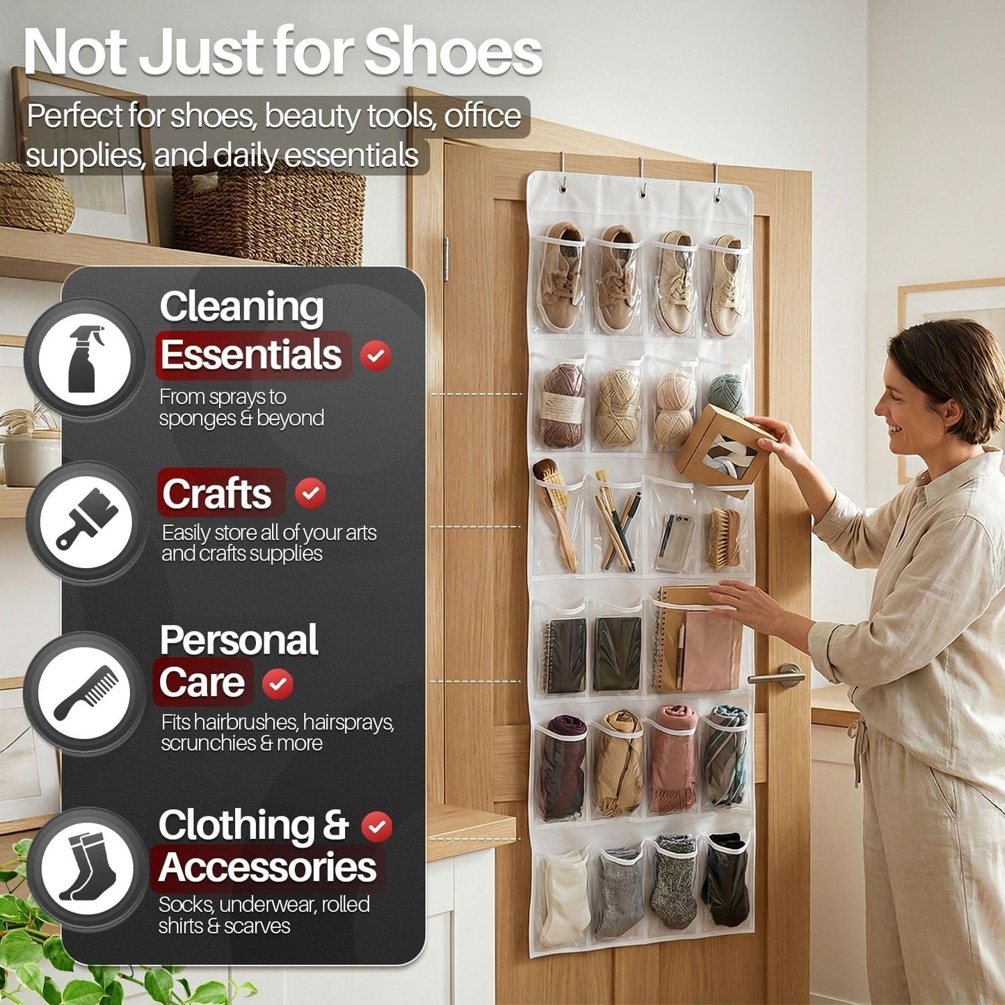 Closet 24 3 Flexzion Over the Door Shoe Organizer - Hanging Shoe Rack for with Clear Pockets and Steel Hooks, Back