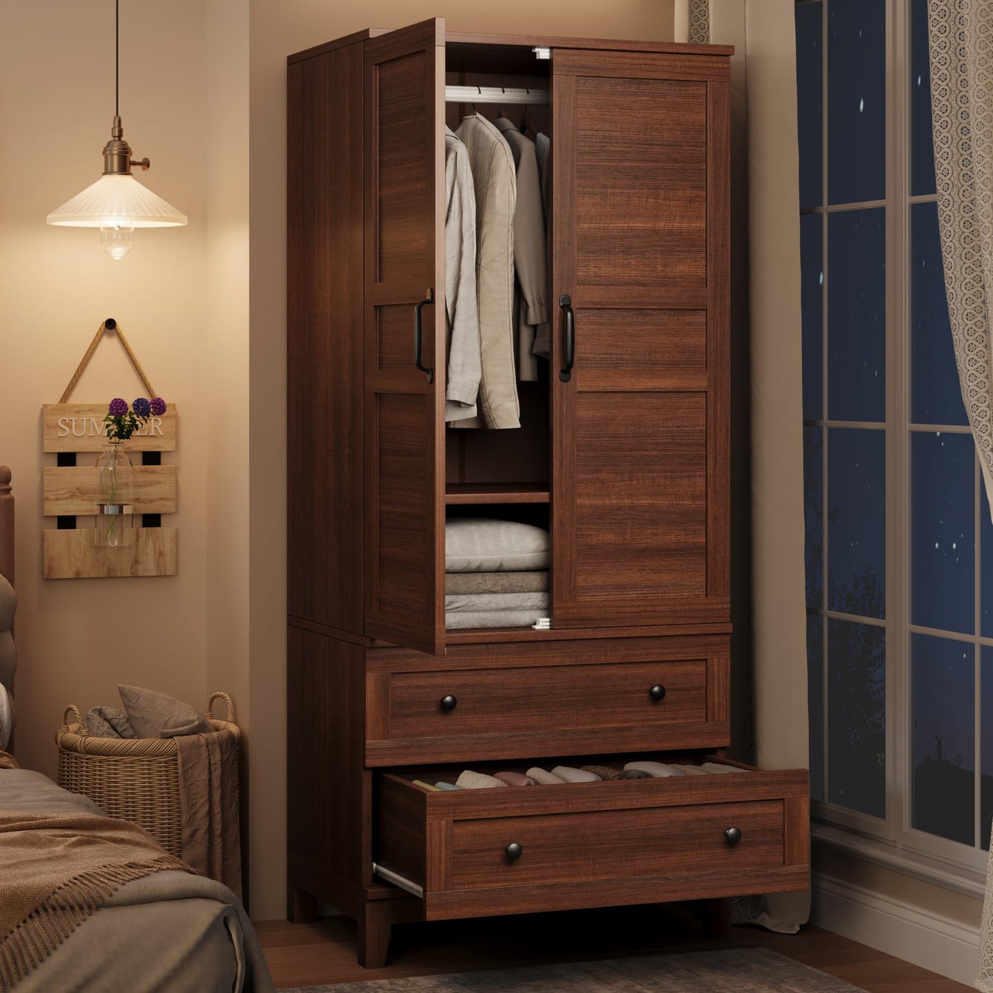 GarveeHome Armoire Wardrobe Closet with 2 Drawers,72 in Wooden Wardrobe Cabinet with Hanging Rod, Tall Clothing Armoire Cabinet with Doors and 18 Adjustable Shelves for Bedroom, Clothes,Walunt Brown