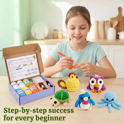 Crochet Kits for Begainners – 6 pcs Animal Amigurumi Set, 6 pcs Zipper Bag, Beginner Crochet Starter Pack for Adults & Kids, Learn to DIY Craft Stitch with Yarn, Hooks, Stuffing & Paper Instructions