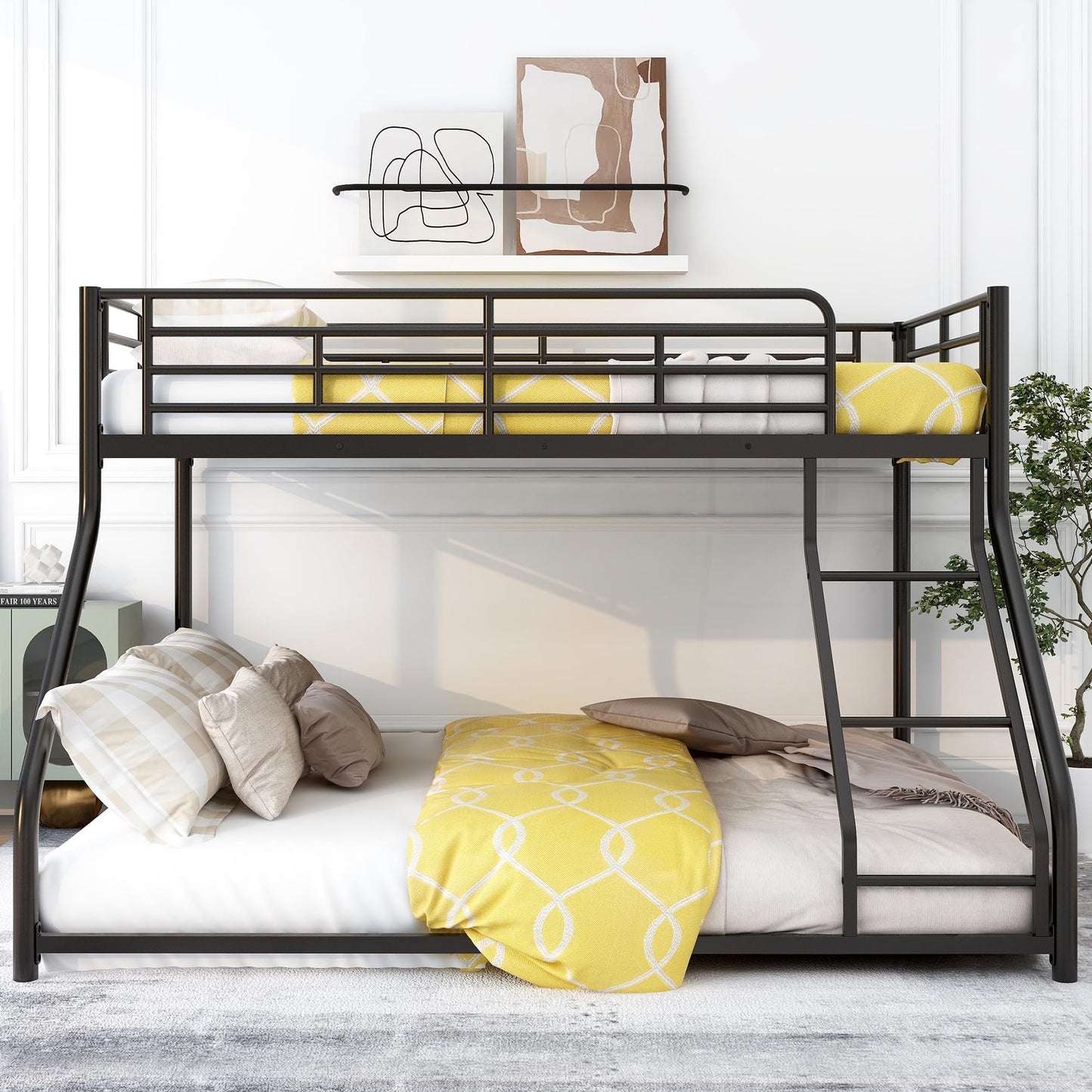 Favfurish Twin XL Over Queen Metal Floor Bunk Bed with Sloping Stairs and Safety Guardrails for Bedroom,Guest Rooms, No Box Spring Needed, Simple to Assemble,Black