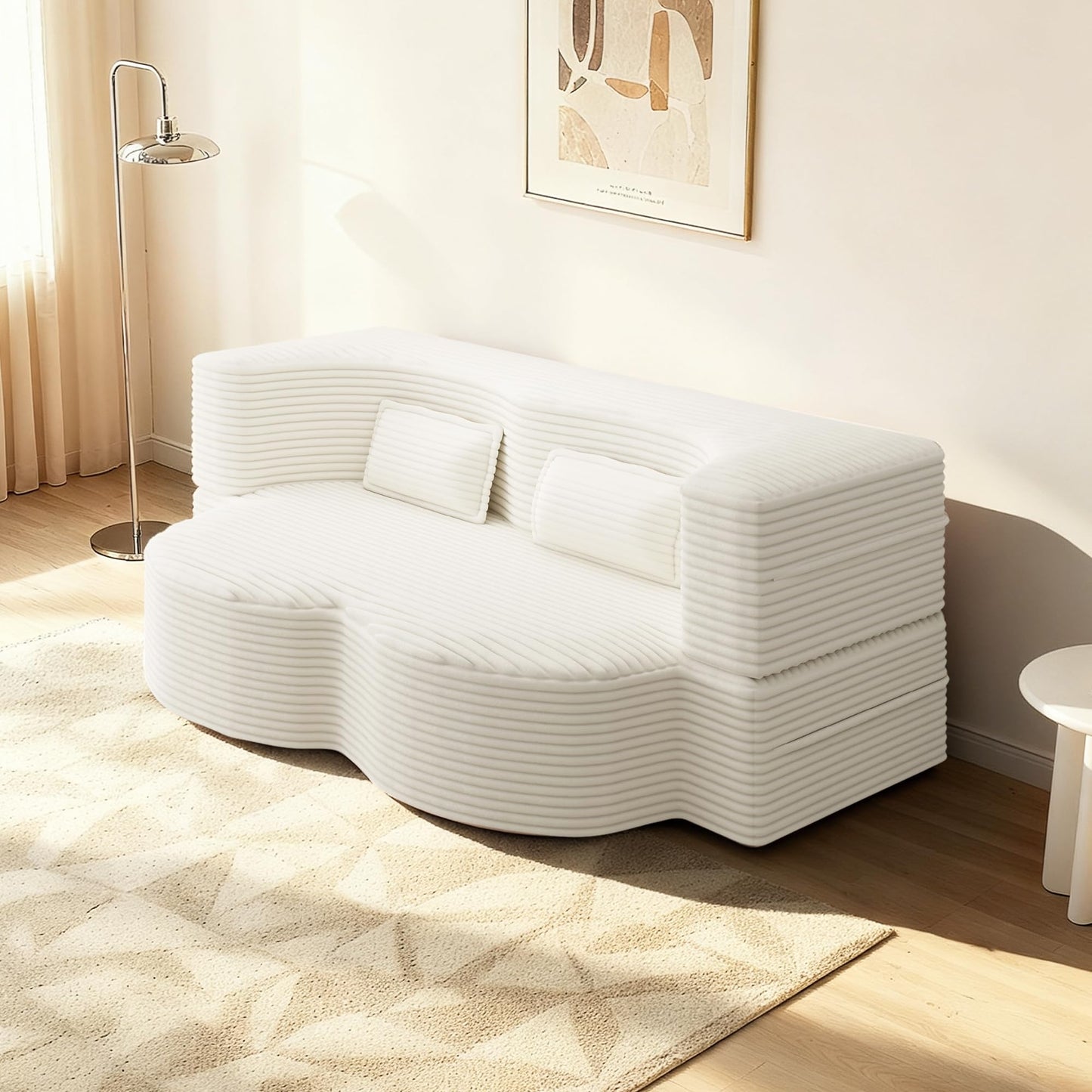 BAYYELL 78" Full Size Convertible Sofa Bed, 2-in-1 Folding Floor Couch with 2 Pillows, Sleeper Sofa for Living Room and Bedroom, No Assembly Required (Beige, Corduroy Fabric)