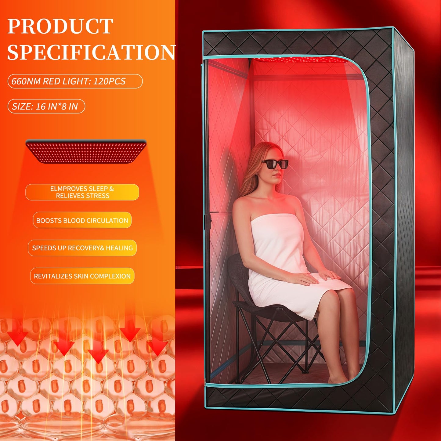 Portable Sauna with Red Light Therapy Home Sauna Tent with 145 Dry Heating Box, Simple Control, Foldable Chair Included for Relaxation, Large Space 33.8 * 33.8 * 70.8