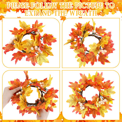 Hotop Fall Candle Rings Thanksgiving Day Ring Holder with Maple Leaves Wreath Mini Autumn Artificial for Home Table Decoration Centerpiece (4 Pieces), White