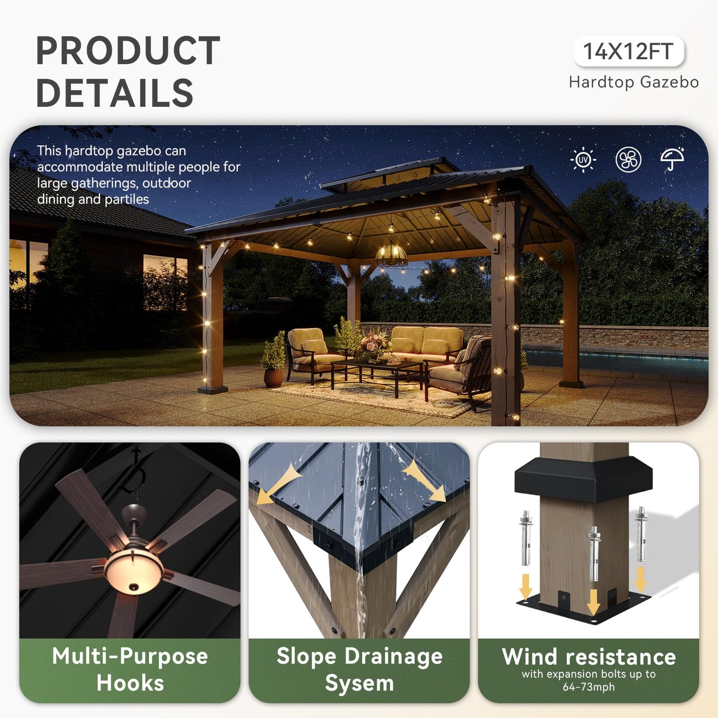 Aoxun 12' x 14' Outdoor Wood Gazebo, Hardtop Gazebo Permanent Wooden Pavilion with Galvanized Steel Double Roof, for Patio, Garden, Deckyard, Cedar Wood, Grey