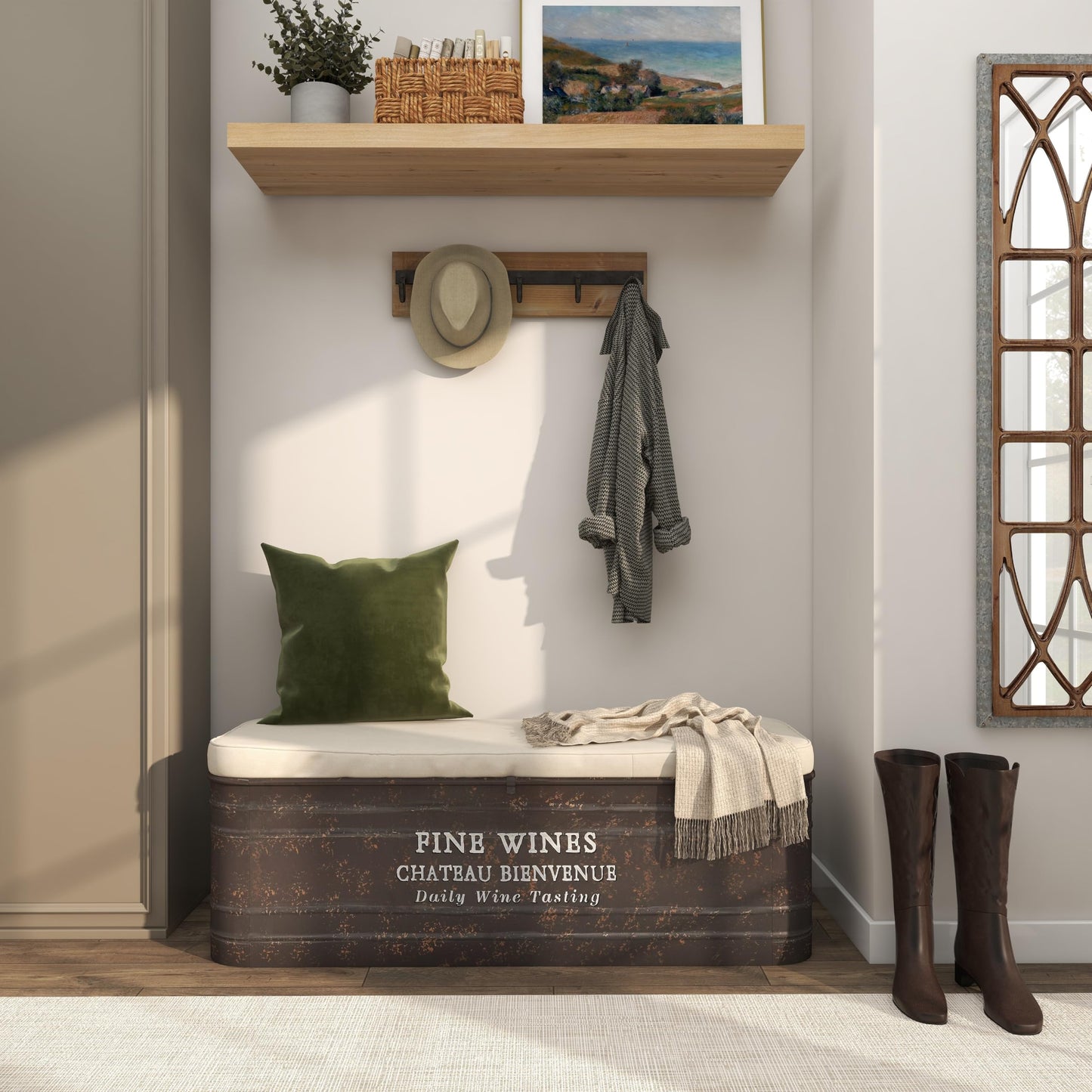Deco 79 Metal Room Storage Bench Entryway Bench with Cream Burlap Top and Champagne Typography, Bench 48" x 16" x 17", Brown