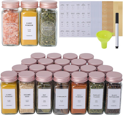 24 4oz Pcs Glass Spice Jars with Labels and Pink Metal Caps, Empty Spice Containers with Shaker Lids, Funnel