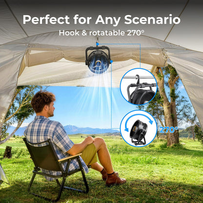 BougeRV Portable Fan Rechargeable, 20000mAh Battery Powered Fans with 4 Wind Speeds Hook Brighter Light LCD Display 270° Rotatable & Telescopic Camping Light, 15600mAh Rechargeable Lantern