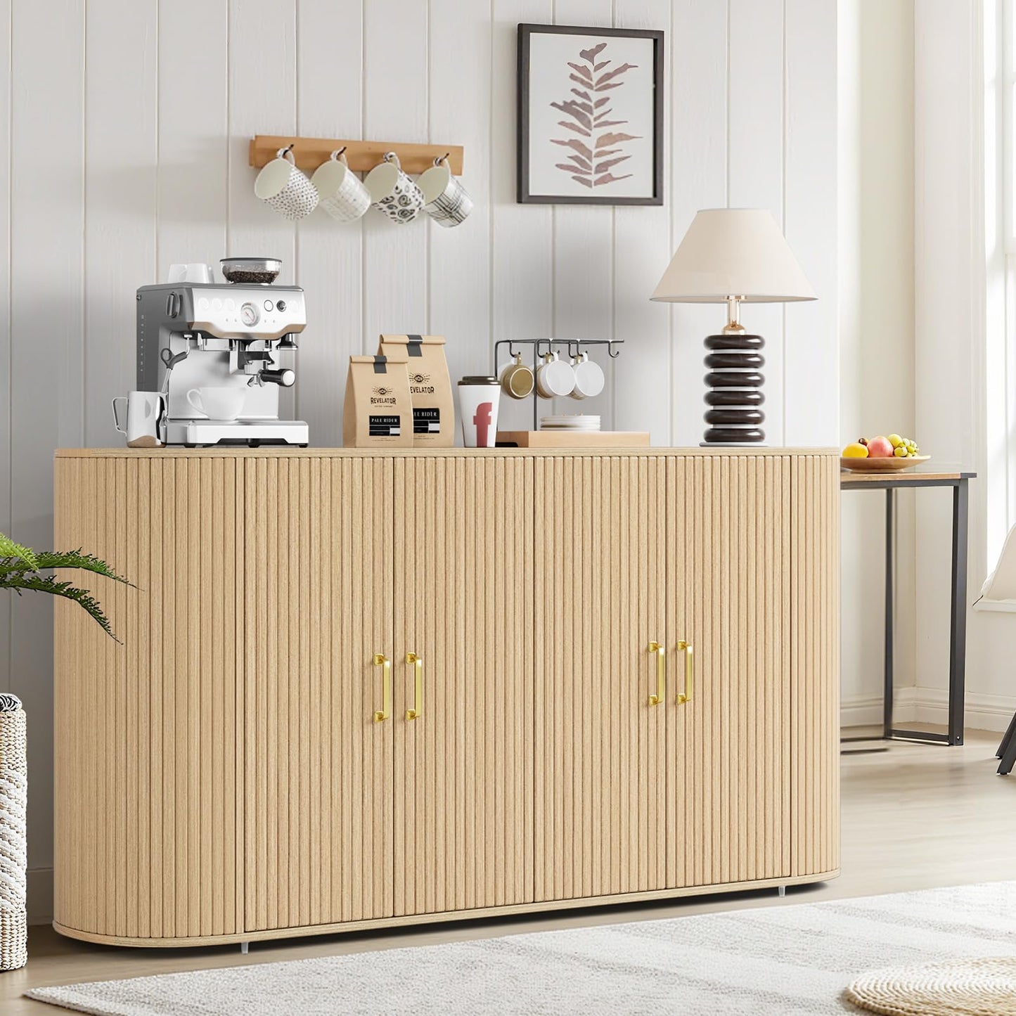 GarveeHome 63" Sideboard Buffet Cabinet with Storage, Modern Fluted Accent Credenza with Adjustable Shelves, Wood Coffee Bar with Curvy Edge, Console Table for Living Room Kitchen Dining Room Hallway