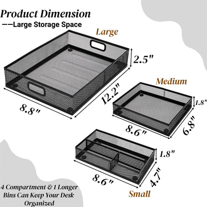 Noamus 3 Pack Office Drawer Organizer, Desk Drawer Divider Tray, Metal Mesh Desktop Basket, 6 Compartments Pen Storage Box for Makeup, Stationery, Office Supplies & Accessories, Kitchen(Black,3 Size)