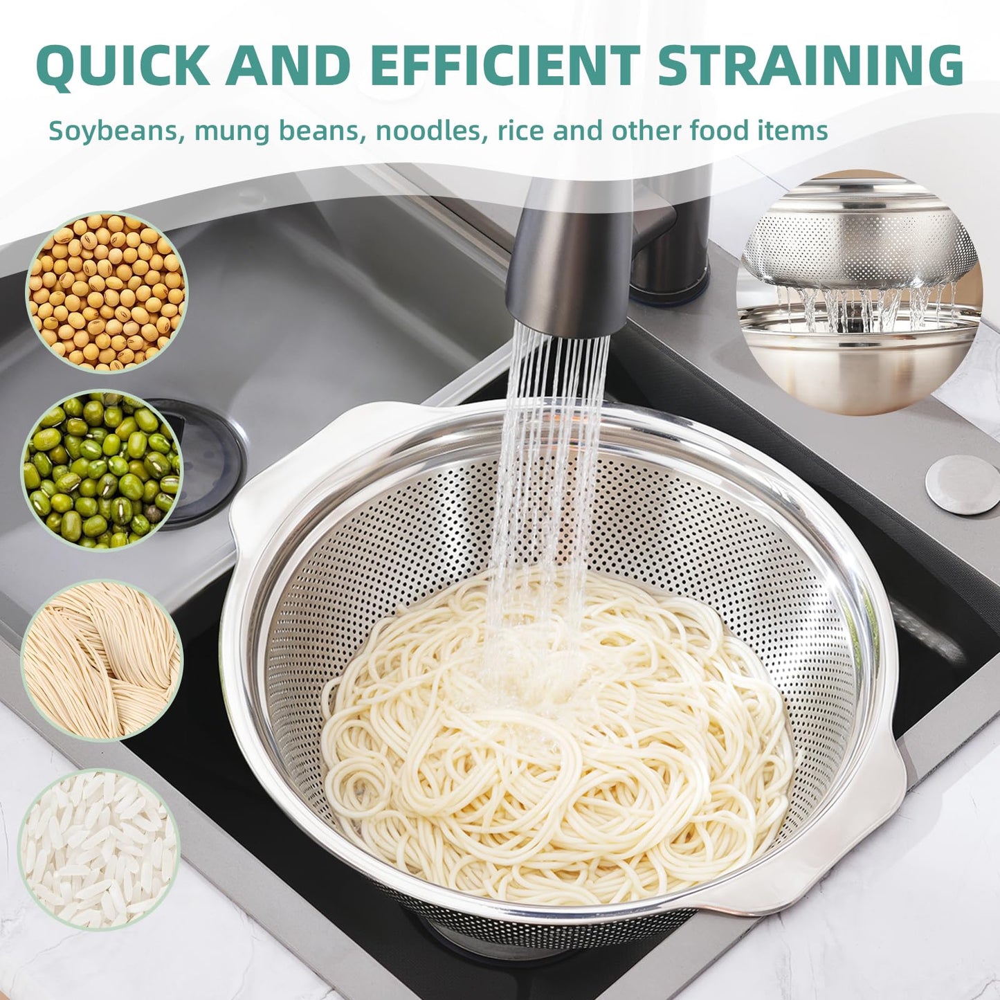 Stainless Steel Colander for Kitchen 2-Quart, Strainer Microporous with Mixing Bowl, Rice Strainer for Washing Vegetables, Fruit and Draining Cooked Pasta, Dishwasher Safe