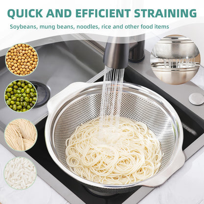 Stainless Steel Colander for Kitchen 2-Quart, Strainer Microporous with Mixing Bowl, Rice Strainer for Washing Vegetables, Fruit and Draining Cooked Pasta, Dishwasher Safe