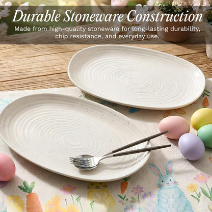SANGO Siterra 2-Piece Speckled Stoneware Serving Platter Set- Large & Medium Ceramic Platters with Glossy Rustic Glaze for Kitchen, White Serving Dishes for Entertaining, Microwave and Dishwasher Safe