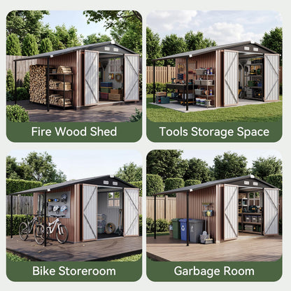 Aoxun 6x10 FT Outdoor Storage Shed with Open Firewood Storage,Galvanized Steel Garden Shed with Lockable Doors,Sloped Roof,Windows, 2 in 1 Large Metal Tool Shed for Patio, Backyard, Lawn (Brown)