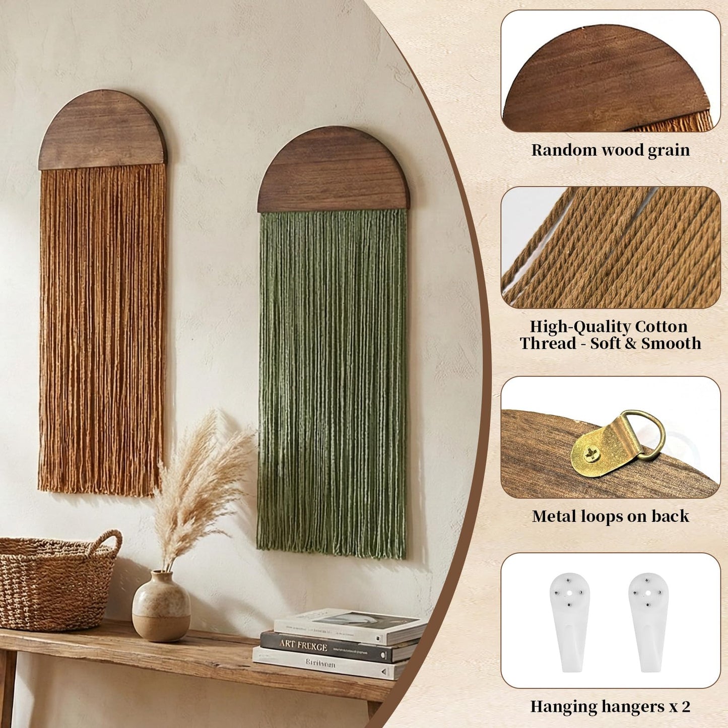 2 Pcs Macrame Wall Hanging Boho Wall Decor - 11.81" W x 35" L for Handmade Woven Tapestry Art with Wood Tassels, Bohemian Yarn Decoration for Bedroom Above Bed Headboard Living Room