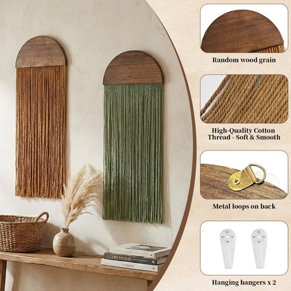 2 Pcs Macrame Wall Hanging Boho Wall Decor - 11.81" W x 35" L for Handmade Woven Tapestry Art with Wood Tassels, Bohemian Yarn Decoration for Bedroom Above Bed Headboard Living Room
